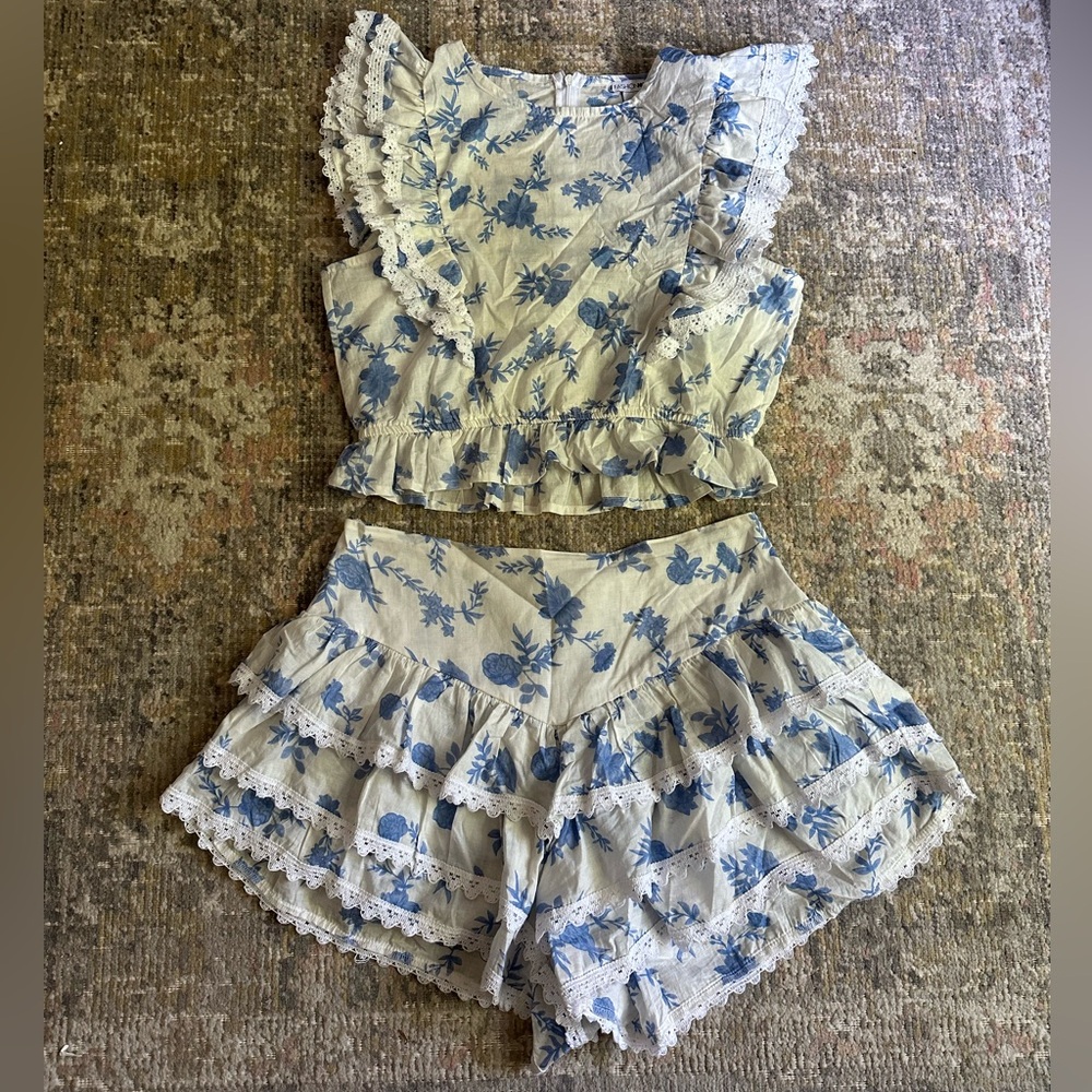 Fashion Nova Coastal Flora Ruffle Short Matching Set Blue White Lace Bridal Chic - Picture 4 of 10